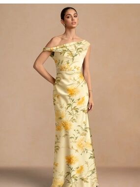 Azazie Yellow Floral One-Shoulder Gown